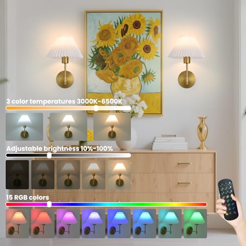 Image of Battery Operated Wall Sconces Set of 2, Gold Rechargeable Wall Lights with Remote, Dimmable Wall Lamp with Pleated Shade,15 Colors Wireless Bathroom Wall Sconce for Bedroom Living Room Hallway