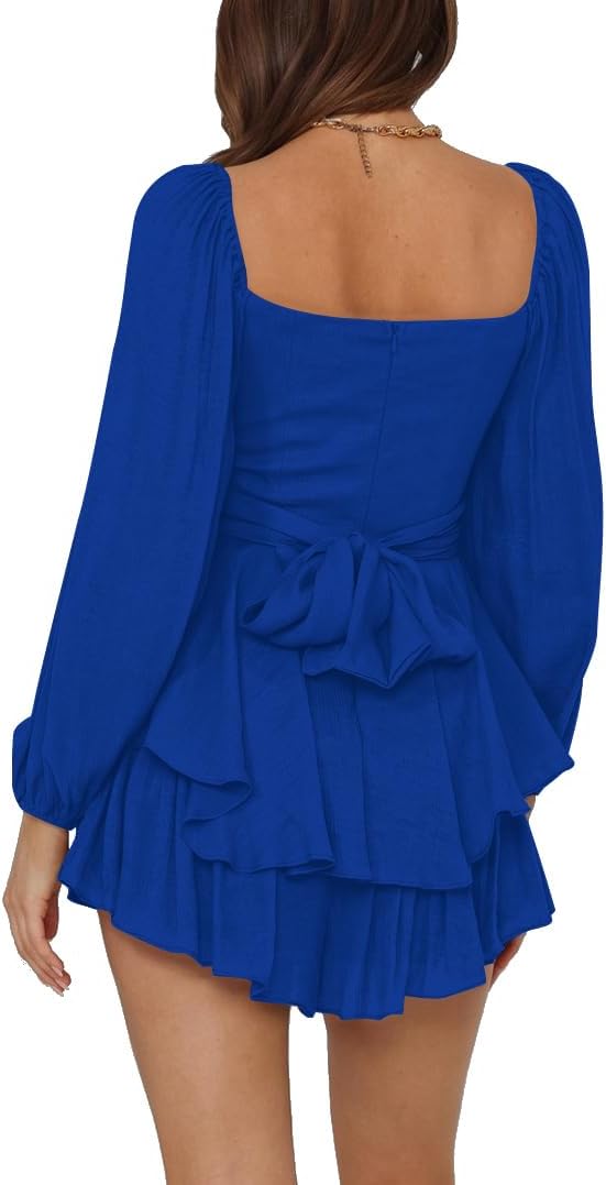 LYANER Women's Jumpsuit Lantern Long Sleeve Ruffle Layer Tie Mini Short Romper - Image 2
