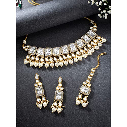 Image of Peora Crystal Faux Pearl Kundan Necklace & Jewellery Set Gift for Women
