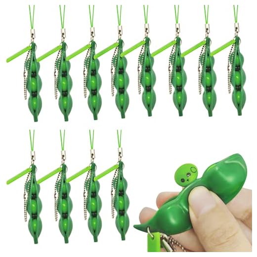 TIBDALA Pea Popper Fidget Toys, 12 Packs Funny Facial Expressions Squeeze a Bean Pea Pods Edamame Keychain Extrusion Green Beans Soybean Stress Relief Chain Toys for Sensory Kids Adults