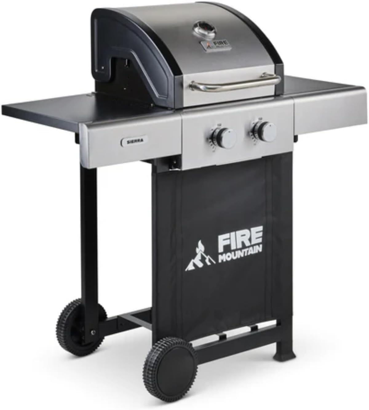 Fire Mountain Sierra 2 Burner Gas BBQ Stainless Steel with Cast Iron Grill Dual Control Compact Outdoor Barbecue for Garden Patio Balcony 40 x 42cm Cooking Area