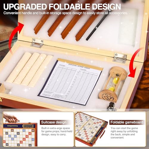 Crossword Game with Magnetic Letter Tiles, Foldable Board into Portable Carry Case, Luxury Edition Word Building Game with Rotating Wooden Board, Educational Family Board Game for 2-4 Players - Image 2