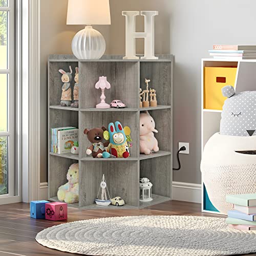 Iwell Corner Cabinet, Corner Storage With Usb Ports And Outlets, Corner Toy Storage For Small Space, Wooden Corner Cubby Bookshelf With 9 Cubes For Playroom, Bedroom, Living Room, Gray #TOP2