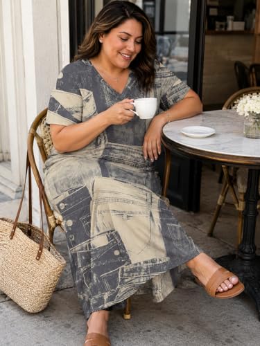 Image of Plus Size Maxi Dress for Women Short Sleeve V Neck Casual Loose Sundress with Pockets