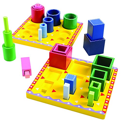 Image of Constructive Playthings Wooden Tube Sorting Blocks to Explore Color and Size Gradation; Each Board is 8 inch sq. and Tallest Tube is 2 1 /4 inch H. x 2 1 /4 inch Diam. for Ages 3 Years and Up