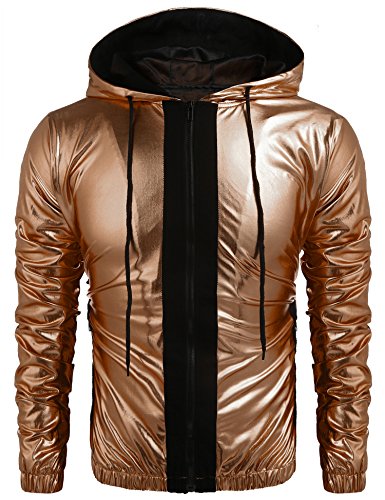 COOFANDY Mens Metallic Nightclub Style Hooded Varsity Baseball Bomber Jacket(L,Coffee)