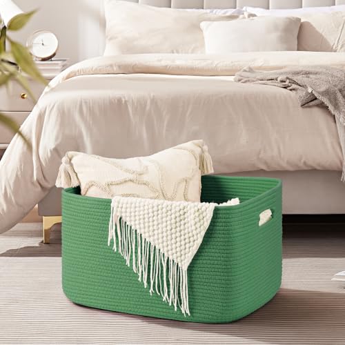 Image of OIAHOMY 75L Large Blanket Basket, Woven Cotton Rope Baskets for Organizing 22 inchx17 inchx12 inch, Blanket Basket living Room, Toy Storage Bins for Nursery, Green