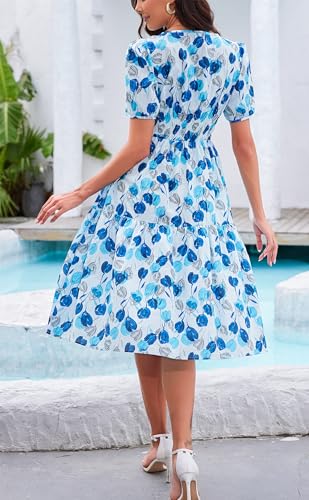 Image of Kormei Women Summer Casual Boho Floral Round Neck Short Sleeve Smocked Waist Tiered Flowy Swing Midi Dress XL Blue /Light Blue