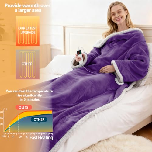 Image of Wearable Heated Blanket With Sleeves & Foot Pocket, Heated Throw Blankets Fast Heating Blanket With 10 Heat Settings Auto Shut Off Over-Heat Protection-Warm Gift, Machine Washable, 52 inch*72 inch+18 inch