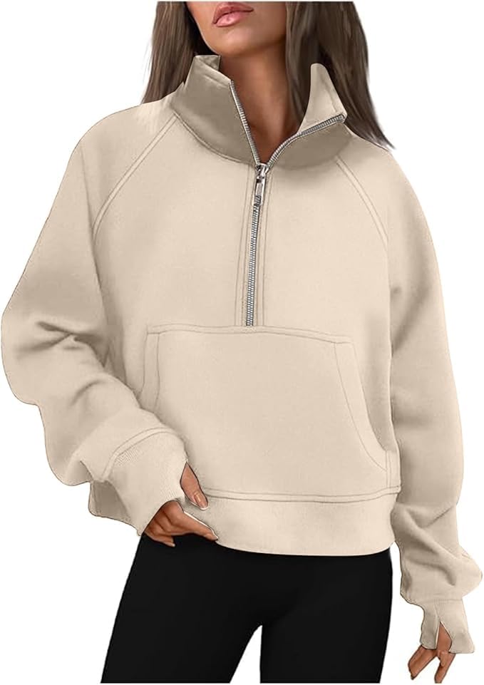 Womens Sweatshirts Half Zip Cropped Pullover Sweatshirt Quarter Zipper Fleece Hoodies Fall Sweater with Thumb Hole