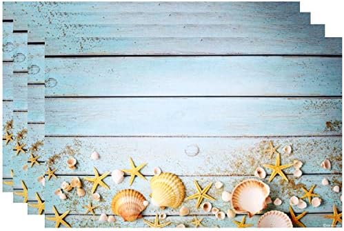 Disposable Beach Seashell Starfish Paper Place Mats 50 Pack 11”x 17” Rectangle Summer Nautical Chargers Place mat for Blue Sky Ocean Seaside Sand Wood Sea Shell Coastal Table Mat Dinner Party Decor