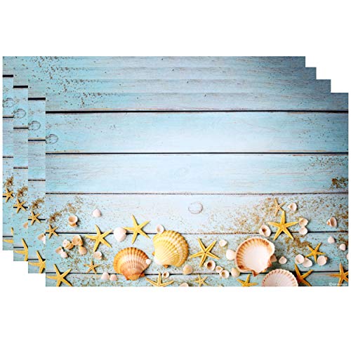 Disposable Beach Seashell Starfish Paper Place Mats 50 Pack 11”X 17” Rectangle Summer Nautical Chargers Place Mat For Blue Sky Ocean Seaside Sand Wood Sea Shell Coastal Table Mat Dinner Party Decor #TOP3