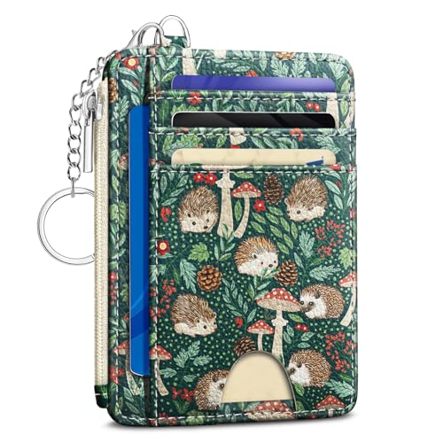 Image of Kelvoris Cute Hedgehog Credit Card Holder, Small Wallet Women, Slim RFID | Keychain, Zipper Coin Pocket, Front Pocket Thin Travel Card Case, Minimalist, 6 Card Slots, 1 ID Window, Ladies Gifts Woman