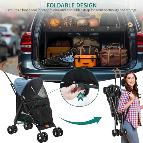 YITAHOME Hundewagen bis 11.3 kg, Tragbarer Hundebuggy, Faltbar klappbar, Haustiere Buggy mit Netzfenstern, Jogger Katzenbuggy für Hunde Katzen, Haustier-Kinderwagen (Blau Schwarz)