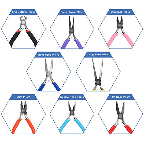 Supkiir 8Pcs Jewelry Making Pliers Set With Pouch, Wire Pliers, Diagonal Pliers, End Cutting Pliers, Long Nose Pliers, Needle Nose Pliers, Flat Nose Pliers, Bent Nose Pliers, Round Nose Pliers #TOP2