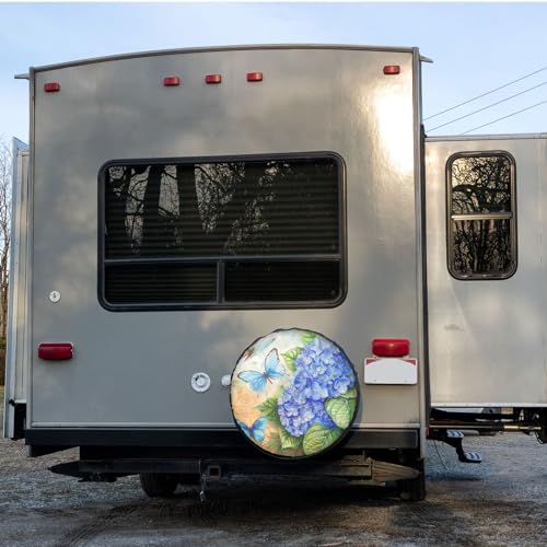 Image of Dujiea Hydrangea and Butterflies Spare Tire Cover, Universal Wheel Tire Cover Waterproof Dust-Proof Tire Protectors for Trailer Rv SUV Truck Camper and Many Vehicle 14 15 16 17 Inch