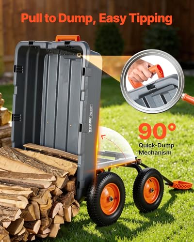 Image of VEVOR 10 Cu.Ft 1500LBS Poly Garden Cart Dump Wagon, Heavy Duty Wheelbarrow with Convertible Handle and 16 inch Flat Free Tires, Outdoor Yard Wagon ATV Trailer Dump Cart Tow Behind for Lawn Mower Tractor