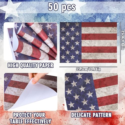 Whaline W12284 50Pcs Patriotic Paper Placemats Retro Vintage Independence Day Disposable Place Mats 4Th Of July Memorial Day Rectangle American Flag Paper Table Mats thumb #1