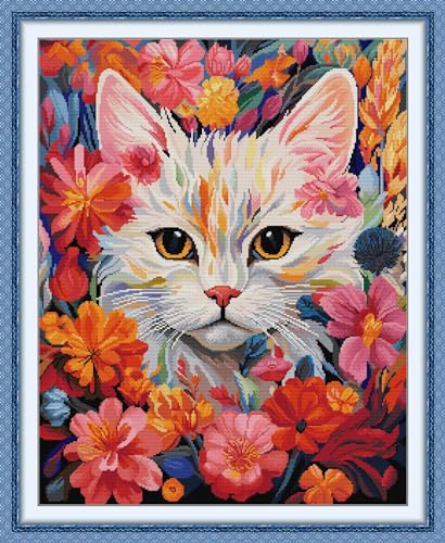 Image of Stitchmelody Stamped Cross Stitch Kits,11CT Printed Pattern Embroidery Set,DIY Needlework Kit-Cat in The Flowers Cat in the Flowers 25.5''X31.5''