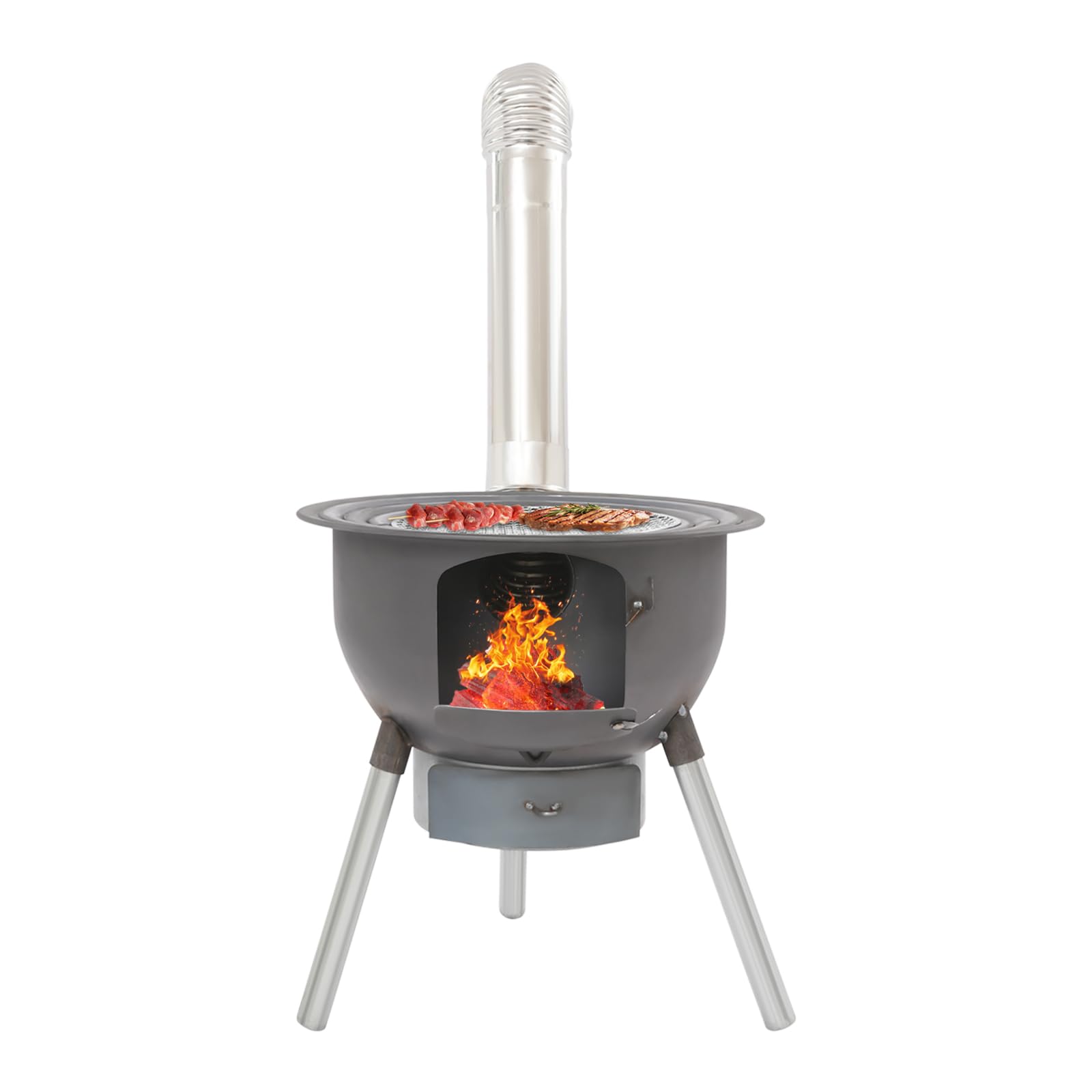 Poêle à bois de camping, portable, multifonction, avec cendrier, 48 x 52 cm, tout-en-un avec grille de cuisson et 3 anneaux de wok