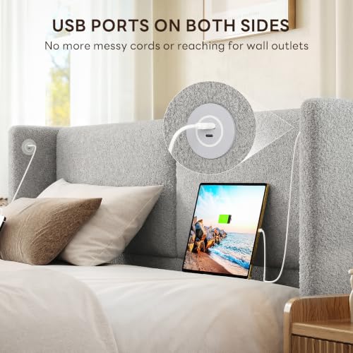 Image of LIKIMIO Queen Bed Frame with USB Ports & Wingback Headboard, Grey | Boucle Upholstered Platform Bed, Sturdy Slat Frame, No Box Spring Needed, Fits Living Room and Apartment.