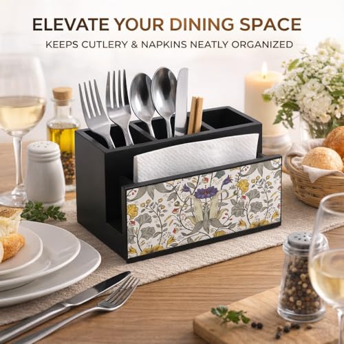 Image of Reinvention Factory Wooden Cutlery Holder I Countertop Organizer - Spoon Fork Knife Napkin Tissue Paper I Home & Kitchen I Size 7 inch X 5 inch X 4 inch I Retro Hibiscus