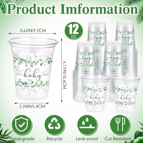 Funnymoom 60 Pack Sage Eucalyptus Baby Shower Plastic Cups For Baby Shower Party Decorations 12 Oz Greenery Baby Shower Disposable Clear Cups For Baby Shower Birthday Boho Greenly Party thumb #1