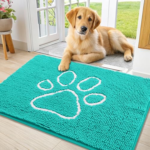 Image of Smiry Dog Door Mat for Muddy Paws, Absorbent Dirt Trapper Non Slip Quick Dry Washable Chenille Mat for Mud Dogs, Entry Rug for Indoor and Outdoor (36x24 Inches, Turquoise and White)