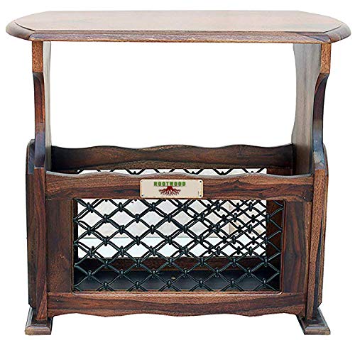 Image of Sheesham Wood Side Table with Magzine Holder for Living Room | Brown