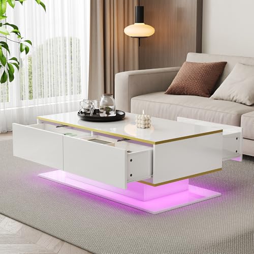 Aunvla Moderner LED-Couchtisch mit Hochglanz, 100 cm lang, Goldverzierung, 3 Schubladen & USB-LED-Lichtstreifen (Adapter/Powerbank erforderlich)