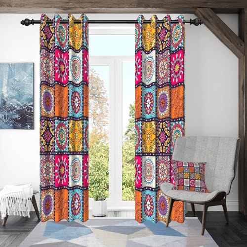 ggaimwf 107x160cm Boho Patchwork Rideau à œillets Multicolore Mandala Abstrait Marocain Motif...
