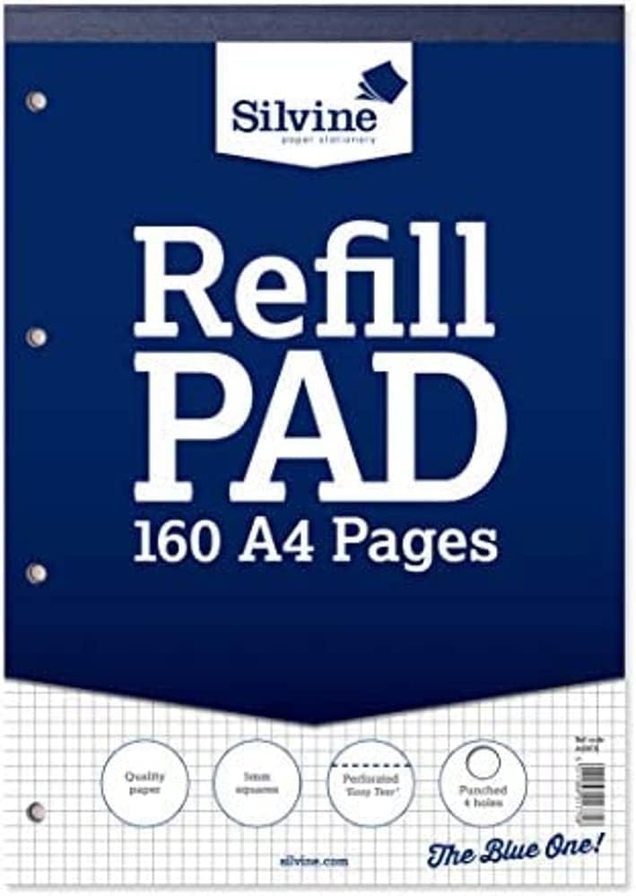 Silvine 160 Page A4 Refill Pad, Head Bound and Punched 4 Holes. Ruled 5mm Squares. Ref A4RPX, White