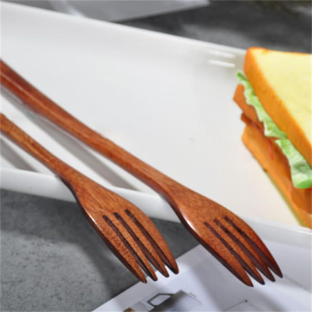 2 Pieces Wooden Forks, 8.8"" Wood Utensils Set, Kitchen Dinner Fork for Food, Desserts, Salad, Fruit, Wood Cutlery for Travel, Brown — Amazon image 4