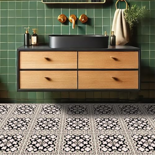 HOMETITUTE 10PCS 12x12 Inch Soft Pink Cherry Blossom Flower Design on Black Floor Tiles Peel and Stick Removable Self Adhesive DIY Vinyl Flooring Stickers for Kitchen Bathroom Living Room Home Decor by HOMETITUTE - Image 5