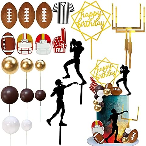 21PCS Football Cake Topper Football Players Cupcake Toppers Rugby Ball Happy Birthday Cake Picks Sports Theme Party Cake Decorations for Baby Shower Party Favors Game Day Party Supplies Cover