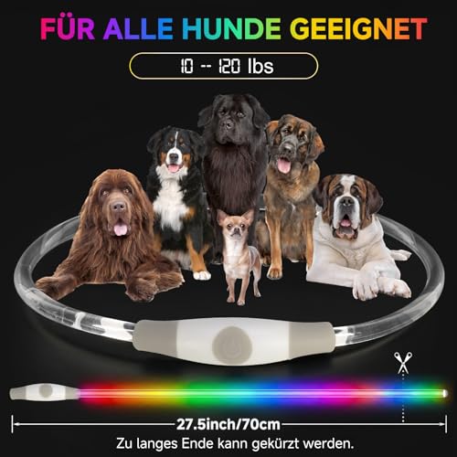 Leuchthalsband Hund Aufladbar, LED Hundehalsband Leuchtend wasserdicht mit 3 Lichtmodi in der Nacht Sicherheit für Kleine, Mittlere und Große Hunde Leuchthalsband, Mehrfarbig 70cm