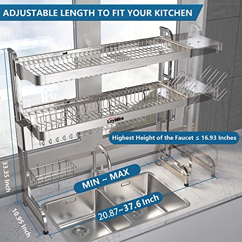 Over Sink Dish Drying Rack, 3 Tier Adjustable Length (20.87'~37.6') Full Stainless Steel Large Storage Kitchen, Expandable Shelf Rack with Utensil Holder, Cup Hanging Set 6 Over Sink Dish Drying Rack, 3 Tier Adjustable Length (20.87'~37.6') Full Stainless Steel Large Storage Kitchen, Expandable Shelf Rack with Utensil Holder, Cup Hanging Set - Image 4