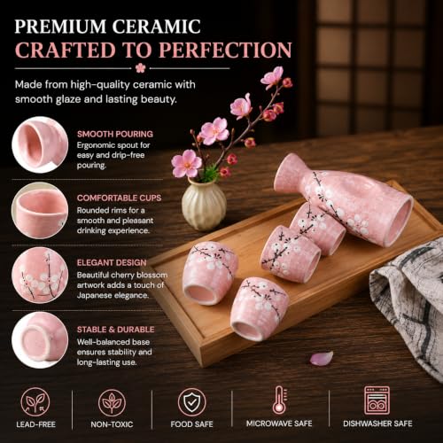 Image of Japanese Ceramic Sake Set - 5 Piece Pink Floral Blossom Sake Set with 1 Sake Bottle (Tokkuri) & 4 Sake Cups | Traditional Japanese Wine Set for Drinks, Shochu & Home Bar | House Warming | Gift Set
