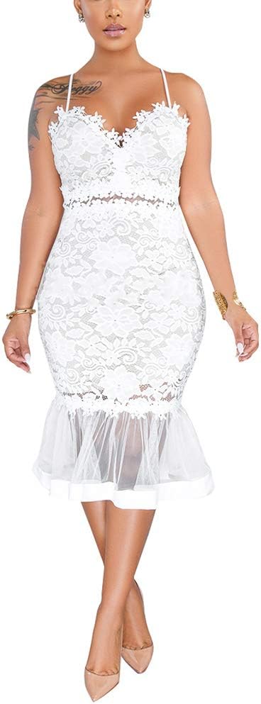 Salimdy Women Sexy Floral Lace Mesh Sheer Hollow Out Deep V Neck Spaghetti Strap Bodycon Pencil Mermaid Midi Dress