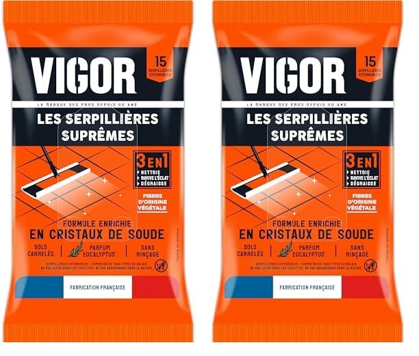 Vigor Serpillières Suprêmes 3 en 1 | Nettoie, Ravive l'éclat et Dégraisse | Formule Enrichie en Cristaux de Soude | Sans Rinçage - Sols Carrelés |...