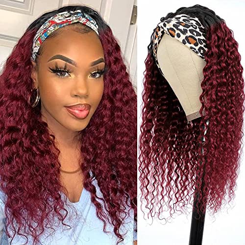 Image of Aiterina Headband Wig deep wave human hair wigs for Black Women Brazilian Remy Hair Glueless Non Lace Front Wig 150% Density (8 inch, 1B /99J)