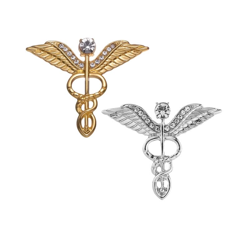 Image of Dreuyet Medical Caduceus Angel Nurse Brooch Pins for Nurse Doctor Medical Symbol Stethoscope Snake Caduceus RN Nursing Badge Crystal Brooches Lapel Pin Wand Brooch Doctor Nurse Therapist Appreciation Jewelry Gift