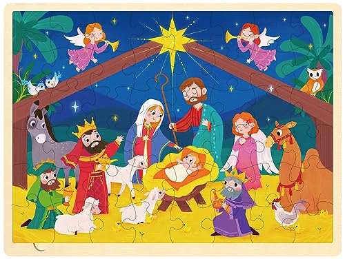 MoinKidz Nativity Scene Kids 48 Piece Puzzles for Ages 3-5, Christmas Puzzle for Kids 4 Year Old, Each Piece is Unique, Wooden Jigsaw Puzzle for Toddlers Ages 4-8 with Tray