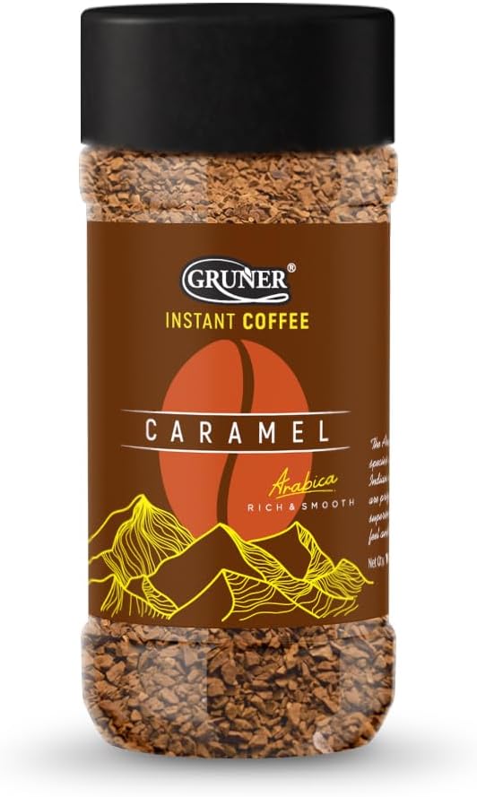 GRUNER Instant Flavoured Coffee | Have it Hot, Cold, or Black, Rich and Smooth, no added sugar, Medium Roast, Premium Arabica Coffee Bean 100gm 3.5oz. Jar (Caramel, 3.5Oz)
