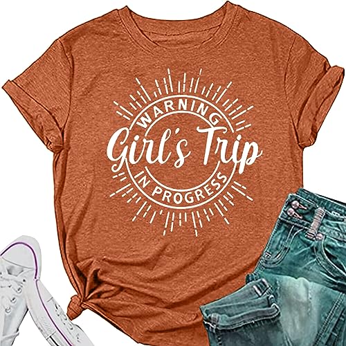 Image of Women's Casual Warning Girls Trip in Progress T-Shirt Casual Crewneck Short Sleeve Graphic Tee