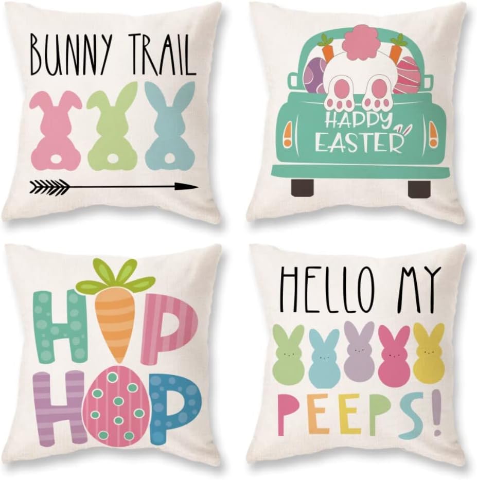 ONWAY Easter Pillow Covers 18x18 Set of 4 Bunny Tail Home Decorations Happy Easter Truck Hip Hop Throw Pillow Covers Hello My Peeps Spring Farmhouse Colorful Home Decor for Sofa Couch Indoor Outdoor