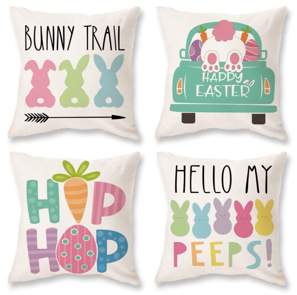 ONWAY Easter Pillow Covers 18x18 Set of 4 Bunny Tail Home Decorations Happy Easter Truck Hip Hop Throw Pillow Covers Hello My Peeps Spring Farmhouse Colorful Home Decor for Sofa Couch Indoor Outdoor