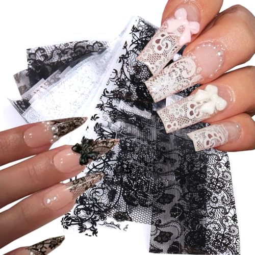 Holographic Nail Foil Transfer Stickers Black White Lace Laser Foils for kit - Nail Art Supplies Starry Paper Designs for Acrylic Decorations Women Finger Toe DIY Manicure Wraps Nail Decor 10Sheets