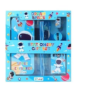 Krisus Space Adventure School Kit for Kids – Fun Astronaut-Themed Metal Pencil Case with Complete Stationery Set Including Crayons, Pencil, Eraser, Sharpener & Scale – Perfect Return Gift for Boys
