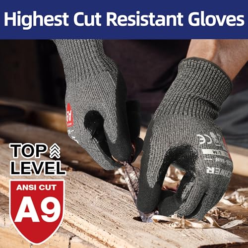 Schwer ProGuard Highest Level Cut Resistant Work Gloves PR3326 for Extreme Protection，ANSI A9 Cut Gloves with Reinforced Thumb, Non Slip, Breathable, Durable, Touch-screen, Non PFAS, Black 1 Pair（L）